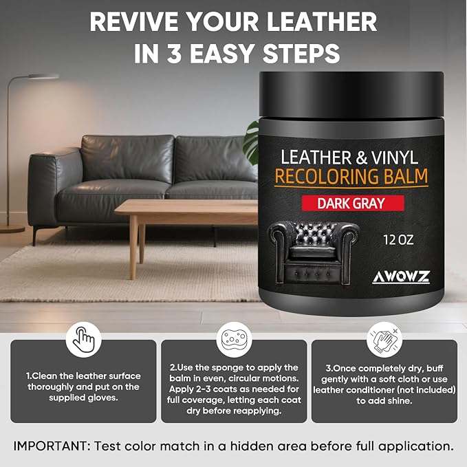 Leather Recoloring Balm - Scratch Repair & Color Restore Kit for Faded Leather, Leather Couch & Car Seats - 12OZ Leather Restorer Balm for Furniture, Auto Interior, Vinyl, Accessories (Dark Gray)