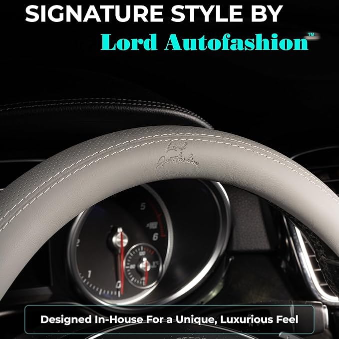 Lord Autofashion Steering Wheel Cover – PU Leather, Non-Slip Rubber Inner, All-Season Comfort – 14.5–15 Inch (Grey 9366)