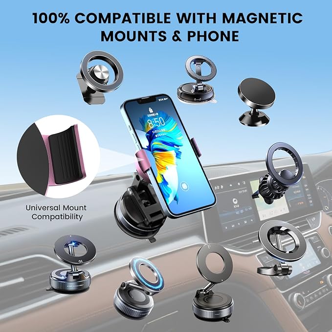 Phone Clamp for Magnetic Car Phone Holder, Aviation Aluminum Rose Gold - No Magnetic Case & Rings Needed, Enhanced Suction & Magnetic, Compatible with All Magnetic Holders