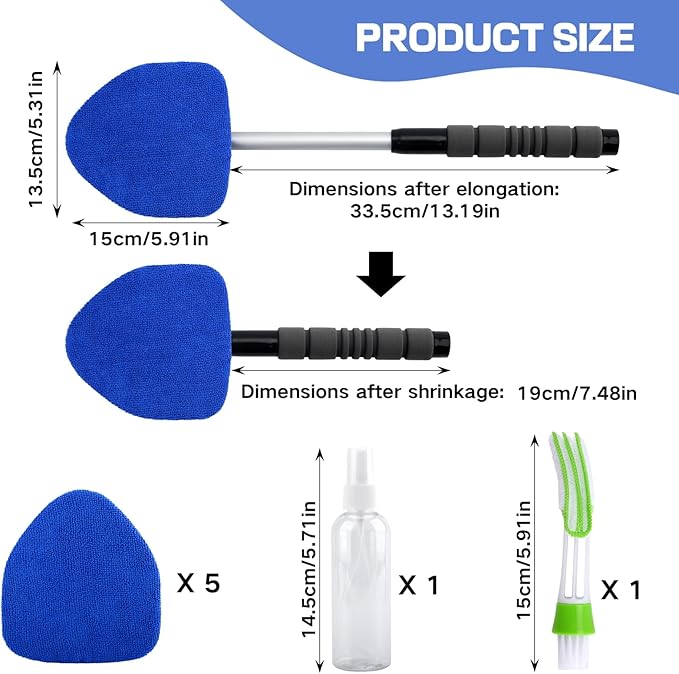 9PCS Windshield Cleaning Tool, 180° Rotating Extendable Car Window Cleaner, Auto Glass Wiper Kit Includes 6 Reusable Microfiber Pads, 1 Spray Bottle, 1 Air Conditioning Brush