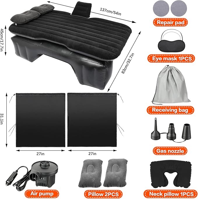 Tallew 12 Pcs Car Air Mattress Back Seat Inflatable Bed, 52 x 31.8 in Thickened PVC Flocking Leak Resistant Air Bed for SUV Truck Car Camping with Window Shade Curtain Portable Travel Sleeping Set