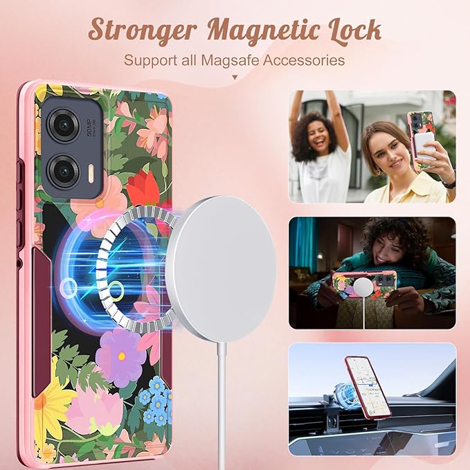 for Moto Edge 2024 Case - Compatible with MagSafe Women Girls Cute Magnetic Protective Phone Cover Kawaii Cat Flower Floral Heavy Duty Shockproof Design for Motorola Moto Edge 2024 Cases