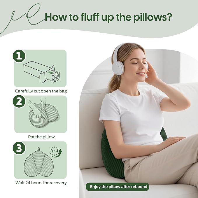 Lumbar Support Pillow for Recliner, Back Support Pillow for Office Chair, Back Cushion with Shredded Foam for Back Pain Relief & Reading, Lumbar Cushions for Couch, Sofa Seat, Car, Green