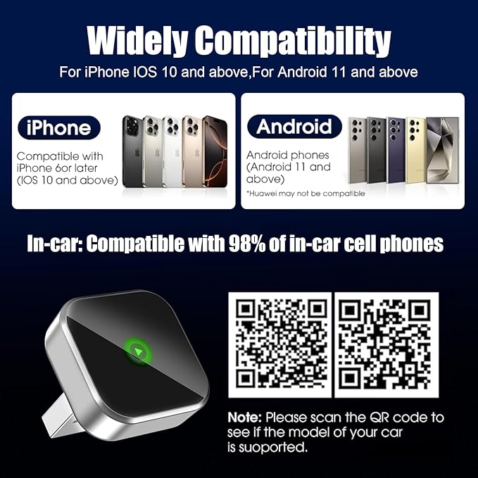 2-in-1 Mini Wireless CarPlay Adapter for Apple iPhone & Android Auto Adapter,2025 Upgrade Wired to Wireless,Plug & Play, Fast Stable Connection Car Play for iOS 10+/Android 11+,USB-A/Type-C Cable