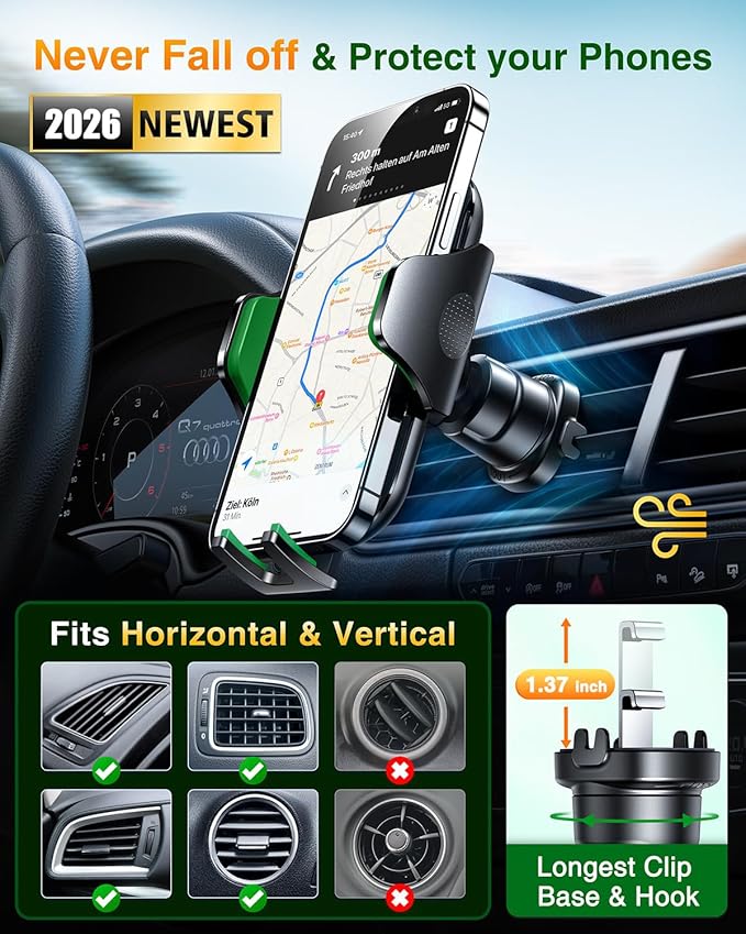 VANMASS Phone Holders for Your Car Ultimate Military-Grade Car Phone Holder Mount【Patent & Safety Certs】 Upgraded Shockproof Truck Air Vent Phone Mount for iPhone 17 Pro Max 16 Samsung Android,Green