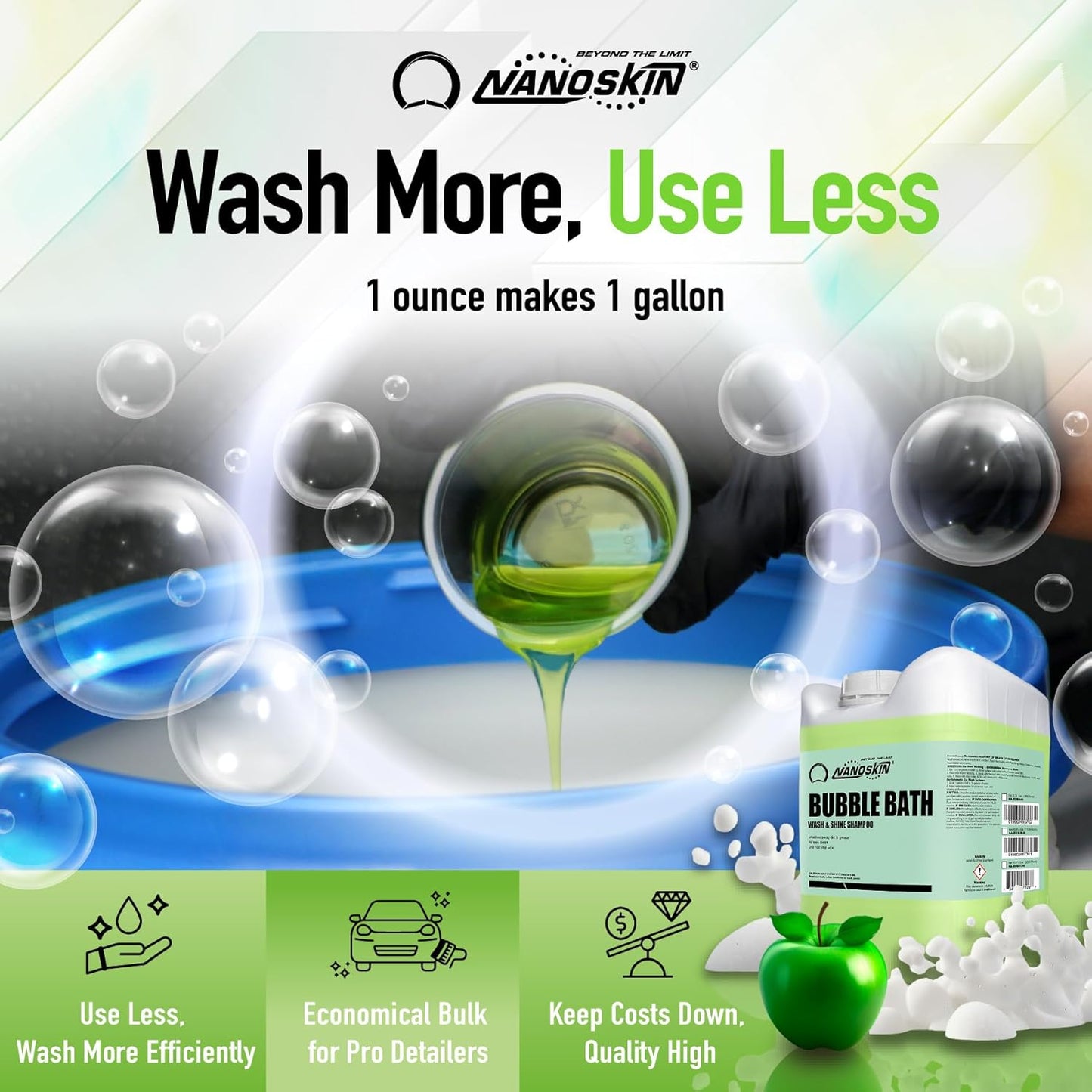 Nanoskin BUBBLE BATH Foaming Car Wash Shampoo 16 Oz. - Works with Foam Cannon, Foam Gun, Bucket Washes, Car Soap for Pressure Washer | For Car, Truck, Motorcycle, RV & More | Green Apple Scented
