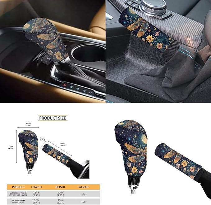 Dragonfly Print Car Steering Wheel Cover Sets for Women Moon Flower Auto Interior Accessories Cup Holder Armrest Pad Seatbelt Cushion Fit Vans Trucks,SUV