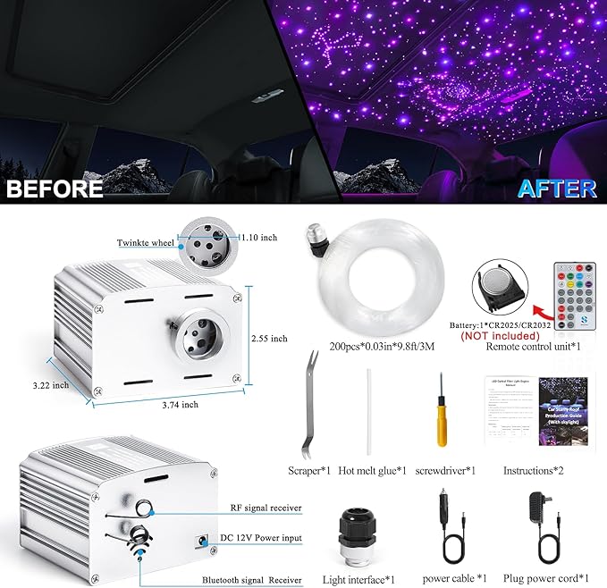 Fiber Optic Car Starlight Headliner Kit, Twinkle & Sound Activated RGBW 16W 200pcs*0.03in*6.5ft Fiber Strands Car Star Roof Lights with APP& Remote Controlled, Ceiling Star Lights for Home/Car Decor