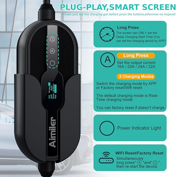 AIMILER Level 2 Electric Vehicle (EV) Charger(WIFI APP/Plug-play), 32A, 25ft Cable ETL Certified, 220V-240V NEMA 14-50P Plug EVSE w/ J1772 Connector, Portable EV Car Charging Stations for Home Level 2