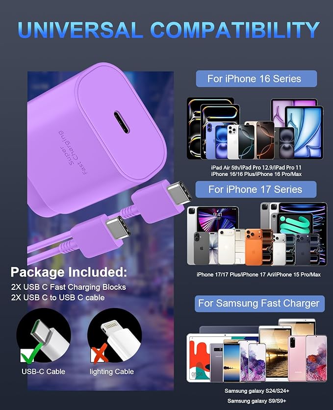 Phone 17 16 15 Charger Fast Charging,30W USB C Phone 17 16 15 Pro Max Charger Block &10FT Long Type C Cable Cord for i.Phone 17/17 Air/17 Pro/17 Pro Max/16/16 Plus/16 Pro Max/15/15 Pro Max,Purple