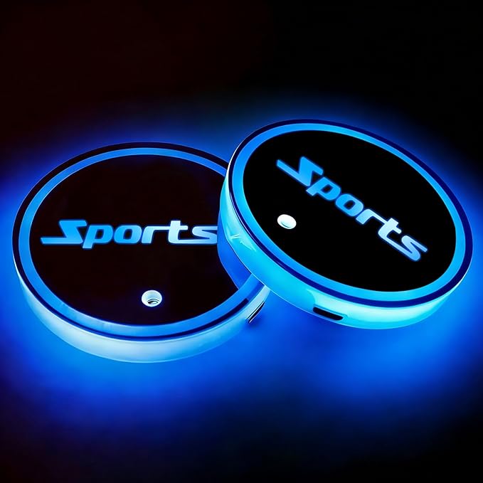Sports LED Cup Holder Lights for Car,2Pcs LED Light Up Cup Holder Coasters with USB Charging 7 Colors 3 Modes,Waterproof Interior Atmosphere Lamp,Car Decor Accessories Sports Gifts for Women Men