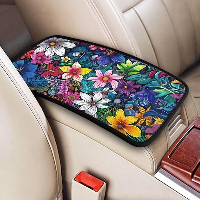 Center Console Armrest Cover Hippie Flower Armrest Protector Boho Floral Car Accessories Mandala Armrest Cushion Pad Armrest Seat Box Cover Protector