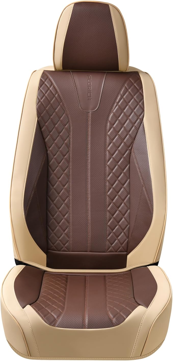 FLORICH Front Seat Covers 2 Pieces Universal Seat Cover for Cars Breathable Leather Waterproof Car Seat Cover Driver Seat Cover Automotive Car Seat Cushion Fit for Most Cars SUV Trucks, Beige&Coffee