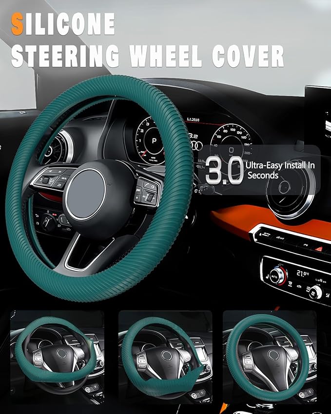 WOCOCN Car Steering Wheel Cover, Thin Anti-Skid Silicone Steering Wheel Cover for Men & Women, Universal Automotive Interior Accessories for Most Cars (Dark Green)