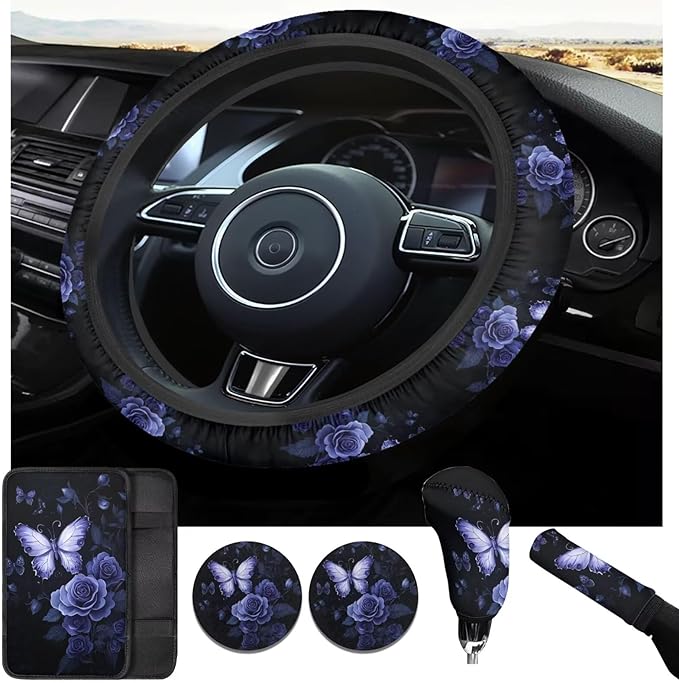 White Butterfly Steering Wheel Covers Set for Women Rose Flower Cup Coaster Armrest Cover Handbrake Gear Cover Suit for Most Cars Truck Vans SUV