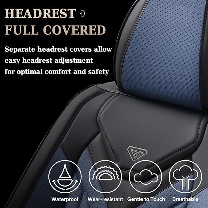Coverado Car Seat Covers Full Set, Automotive Seat Covers Car Seat Protector Car Seat Cushion, Waterproof Leather Seat Covers for Cars, Universal Fit for Most Sedans SUV Pick-up Truck(Black&Blue)