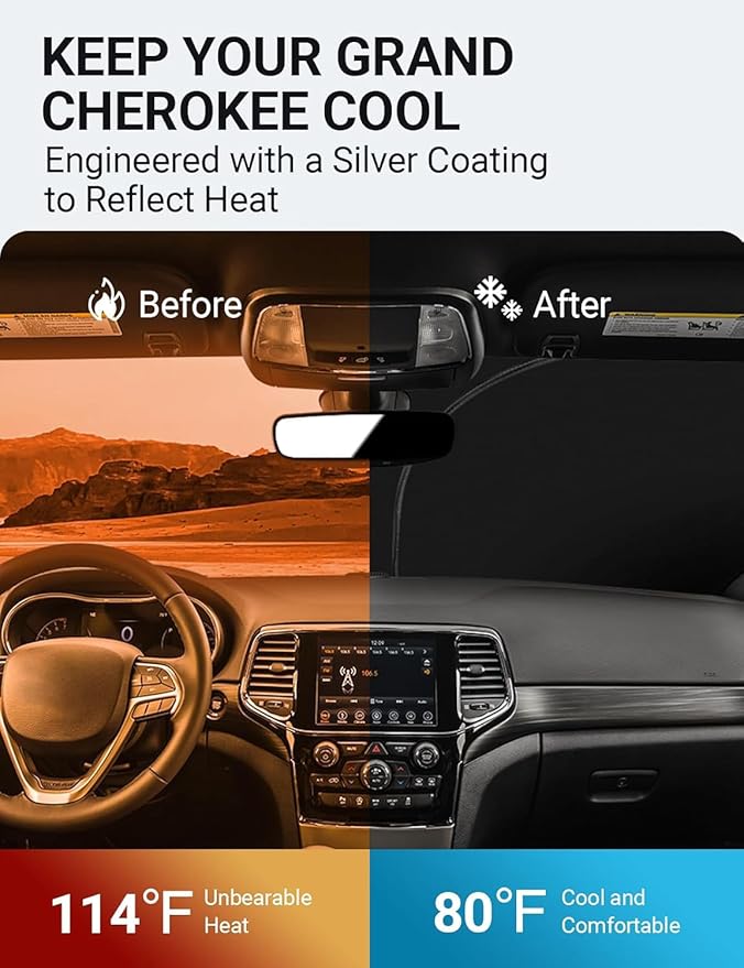 Proadsy Windshield Sun Shade for Jeep Grand Cherokee 2014-2025 2026 4-Layer Foldable Front Sunshade Protector Sun Visor Blocks UV Rays Keep Car Cooler