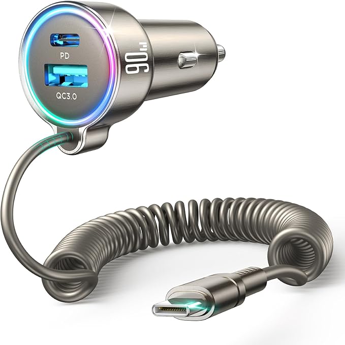 USB C 90W Car Charger for iPhone 17/16 Pro Max, PD & QC3.0 w/5 ft 45W Type C Coiled Cable, Fast Car Phone Charger Adapter for iPhone 17Air/15 Pro, Samsung Galaxy S25/S24/S23, Pixel 10/LG/Android, iPad