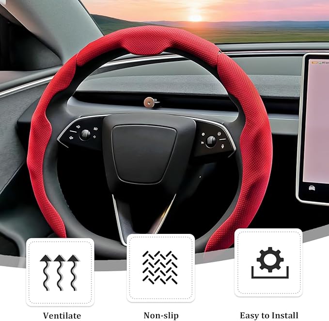 3PCS Car Steering Wheel Cover, Nappa Leather Breathable Non-Slip Segmented Steering Wheel Protector, Snap-on Auto Interior Decoration Accessories, Universal Fit (Red)