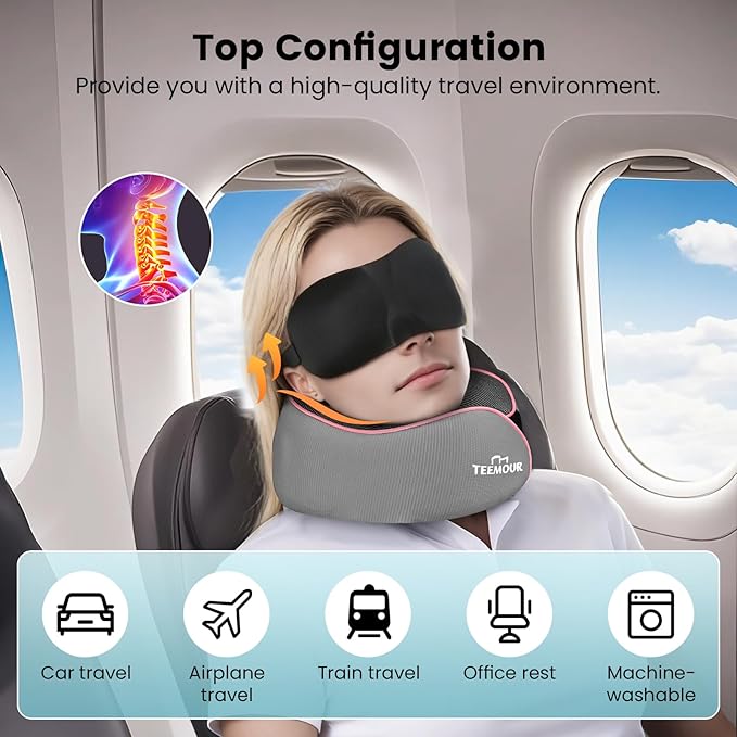 Teemour Travel Neck Pillow Airplane- Upgraded Memory Foam Neck Pillow for Airplanes 360° Support Desing, with Eye Mask & Earplugs, Portable Carry Bag for Long Flights, Business Trip|Travel Essentials