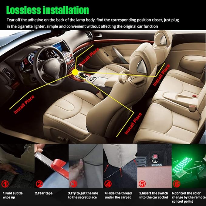 Atmosphere LED Car Lights,4pcs 48 LEDs RGB Bluetooth APP Control Car Interior LED Strip Music Lighting Kits for DIY Indoor Party.Car Cigarettet,DC 12V.