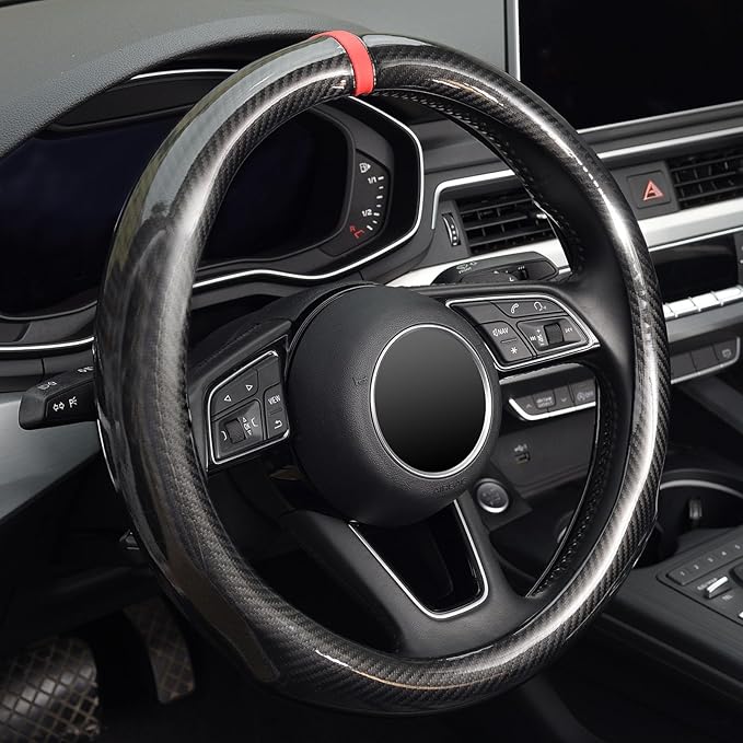 ZHOL Steering Wheel Cover Carbon Fiber, Universal Standard Size 14.5-15 inch Car Steering Wheel Accessories for Men, Black