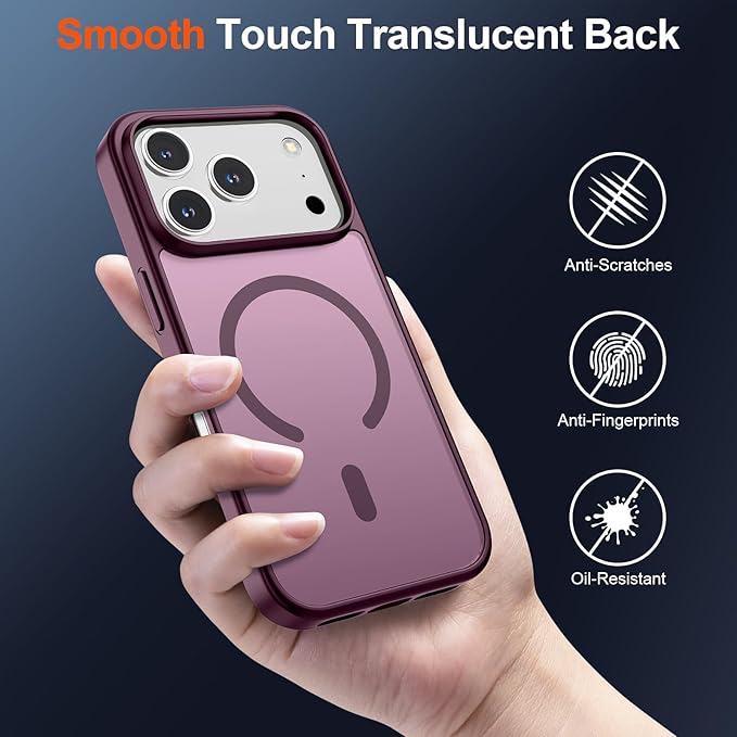 SUPFINE Magnetic for iPhone 17 Pro Case (Compatible with MagSafe)(Military Grade Drop Protection) Translucent Matte Shockproof with Anti-Fingerprint Phone Cover 2025,Wine Red