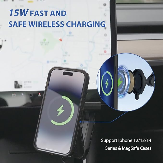MEHIDFY Magnetic Wireless Car Charger Mount for Tesla Model 3/Y, 15W Fast Charging Magnetic Phone Holder, Strong Magnetic Phone Holder, Compatible with MagSafe Case and iPhone 12/13/14 (2 Arms)