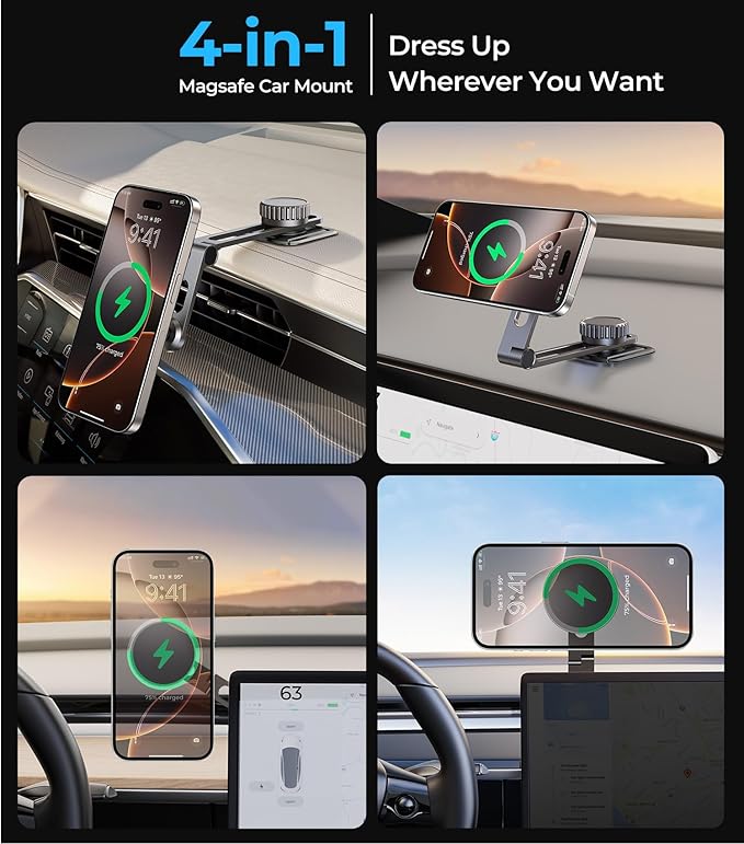 Tesla Phone Mount Charger for iPhone MagSafe 【Hidden Foldable Design】 15W Wireless Charging, Universal Car Magnetic Dashboard Phone Holder, Tesla Model 3/Y/Cybertruck Accessories
