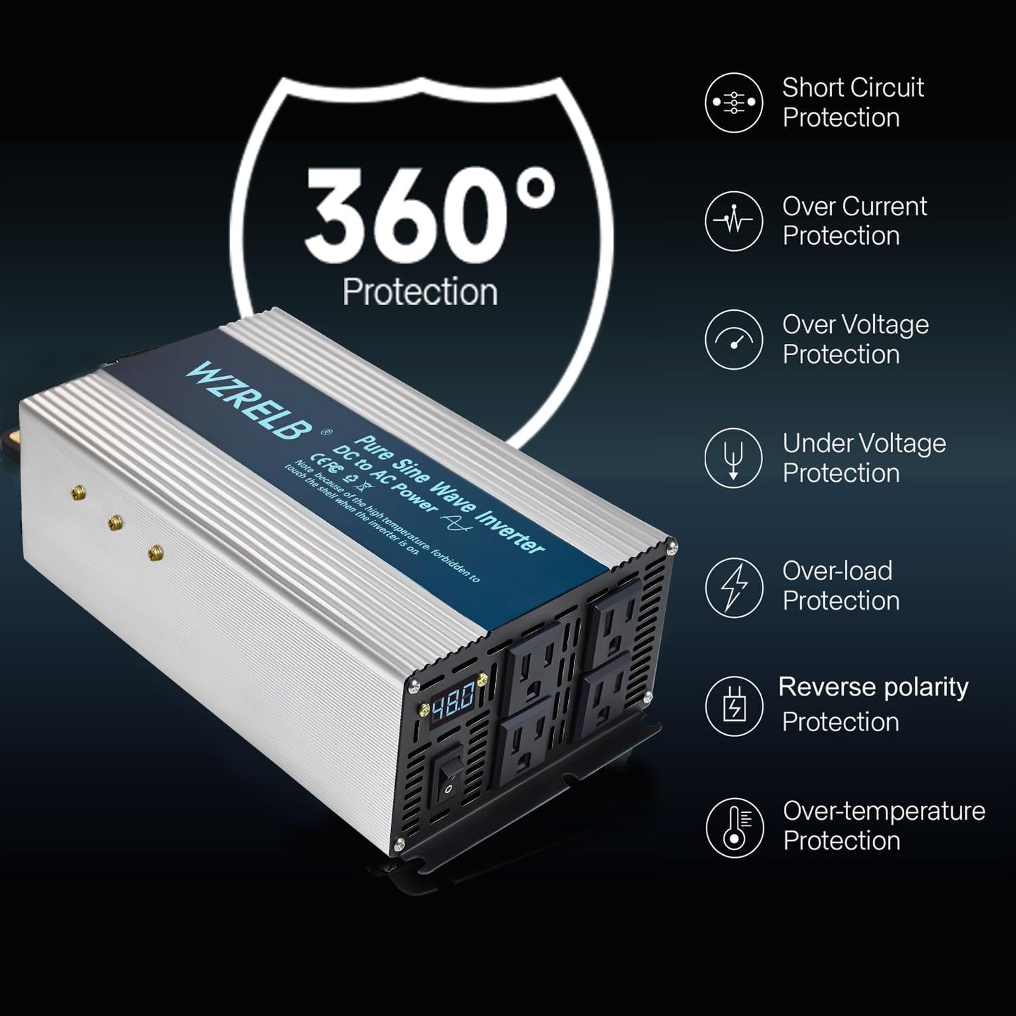 WZRELB 1800W Pure Sine Wave Inverter 48V DC to 110V 120V AC,Car Power Inverter with 4 AC Outlets, LED Display,Off-Grid Portable Power Converter for Home, RV, Truck, Camping