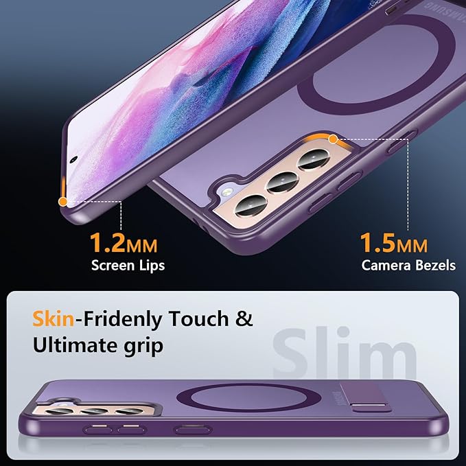 OWKEY for Samsung Galaxy S21 Case with Stand, Magnetic Shockproof Case Fit for Magsafe Translucent Matte Cover for Samsung S21, Purple