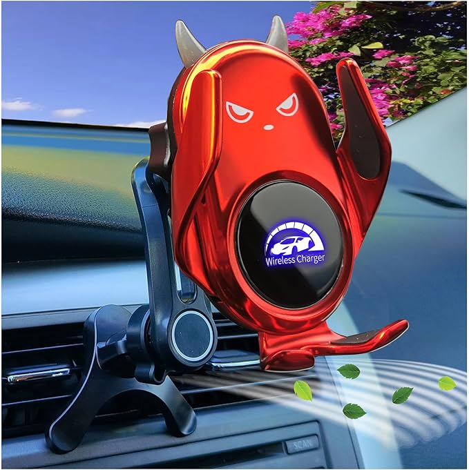 Car Phone Holder Mount Wireless Charging Auto Clamping Rotatable Vent Clip Cute Red Demon for iPhone Samsung Galaxy Andriod Phone