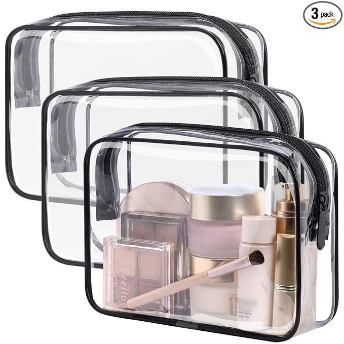 PACKISM TSA Approved Toiletry Bag - Clear Makeup Bag 3 Pack Medium, Metal Smooth Zipper Quart Size Bag for 3-1-1 Liquids, Travel Makeup Bag for Women Men, Airport Airline Compliant Bag, Black