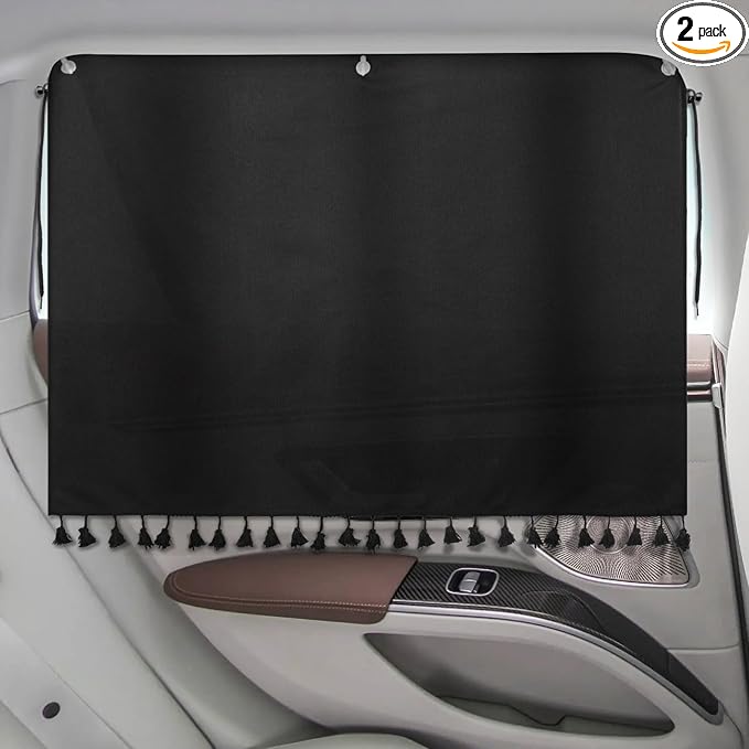 Car Window Shades with Tassels, 2pcs Car Sun Shades for Side Windows Suction Cups Screen Privacy Blackout Curtain for Baby, Sun Glare Cover/UV Heat Blocker