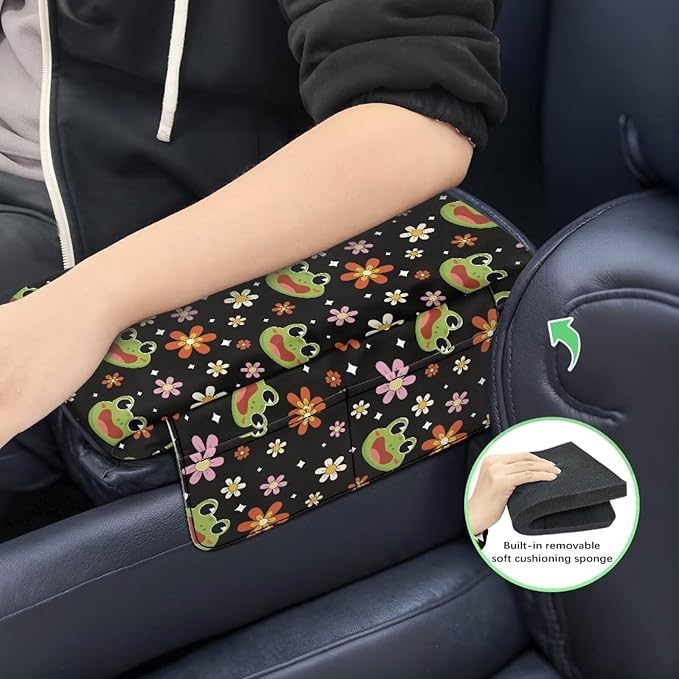 Dreaweet Car Center Console Cover with Pockets Cute Frog Car Accessories for Women Soft Thick Car Arm Rest Cover Pad Universal Armrest Cover for Car Truck SUV Van
