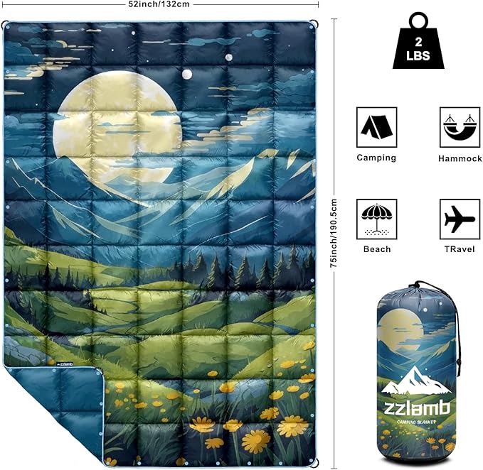 zzlamb Camping Blanket for Cold Weather,Outdoor Puffy Blanket Portable Down Alternative,Windproof Warm Cloak with Snaps,Cozy Quilt Backpacking Picnic RV Travel Plane Car Hammock Beach Climbing