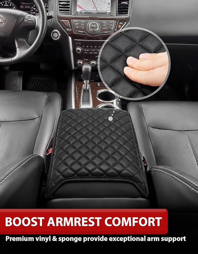 KBH Center Console Cover for 2013-2020 Infiniti QX60 & JX35, Nissan Pathfinder Accessories, Vinyl Leather Trim, Armrest Full Protector Arm Rest Cushion Pad, Anti-Scratch, Black