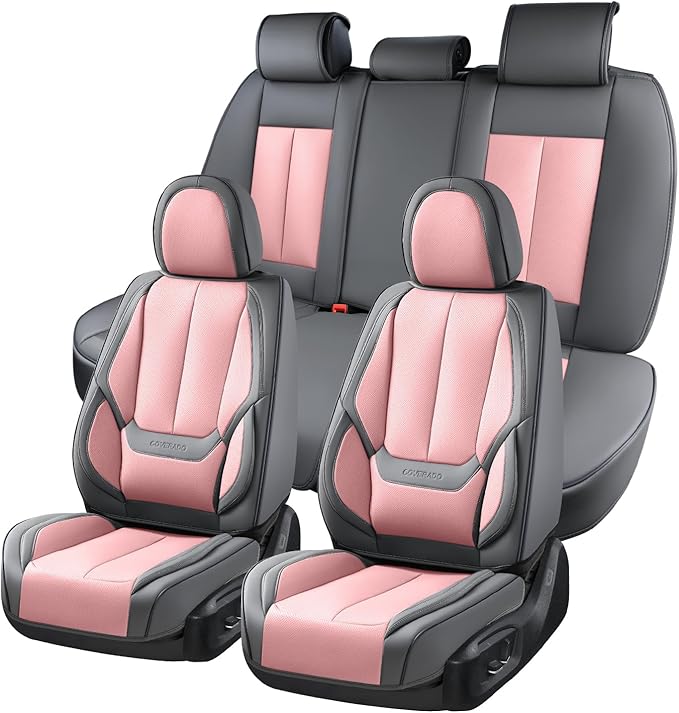 Coverado Seat Covers, Car Seat Covers Full Set, Leather Seat Covers for Cars, Car Seat Protector, Gray Car Seat Covers Front Seats and Back Seats Universal Fit for Most Cars Pink