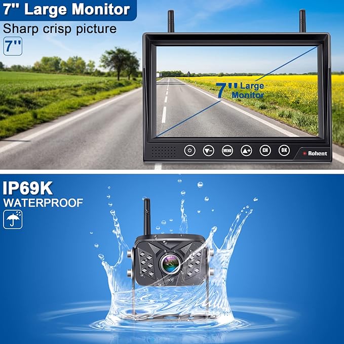 Rohent RV Backup Camera Wireless HD 1080P Waterproof Dual Antennas Digital Signals Rear View System for Trailers Trucks Motorhomes 4 Channels 7'' Touch Key DVR Monitoring Night Vision R12