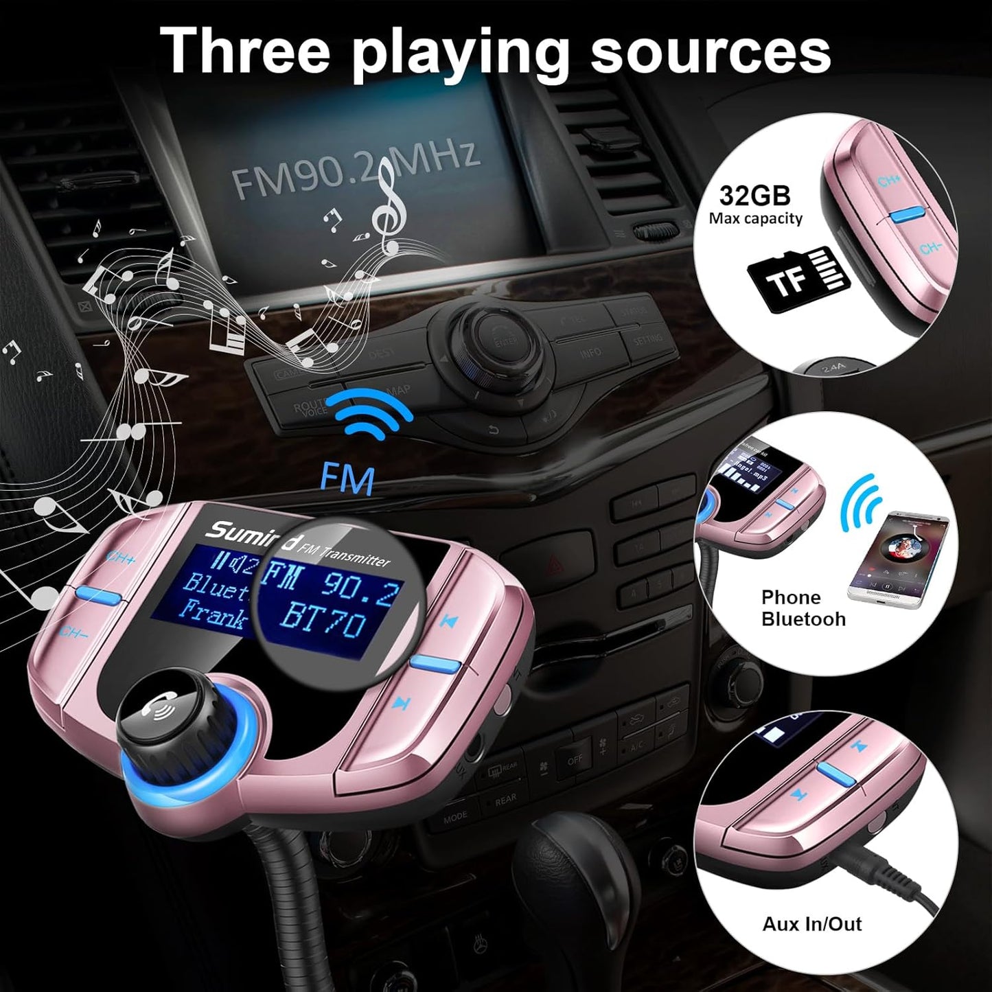 Upgraded Bluetooth FM Transmitter, Wireless Radio Adapter Hands Free Car Kit with 1.7'' Display, QC3.0 and Smart 2.4Amp Dual USB Ports, AUX Input/Output, TF Card Mp3 Player (PD, Rose Gold)