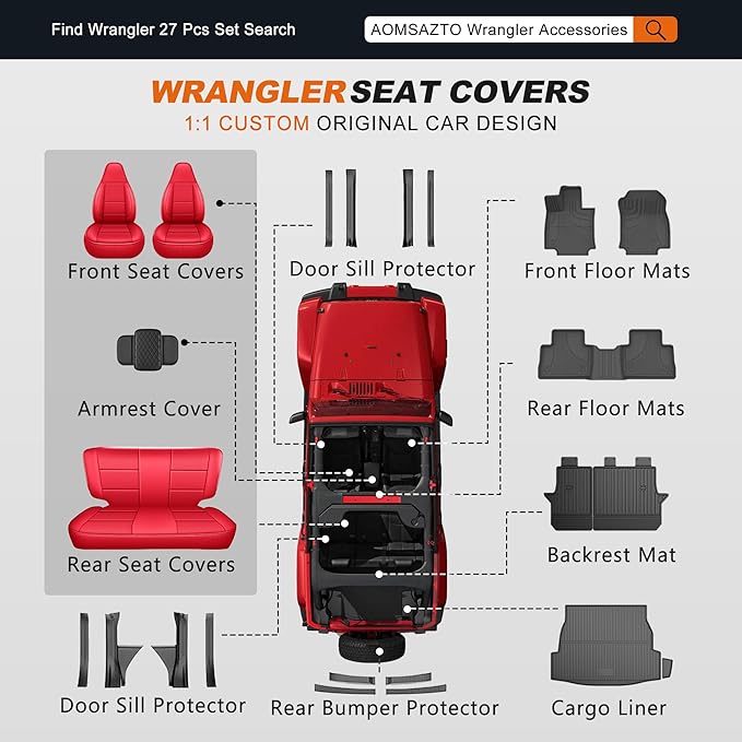 AOMSAZTO Custom Fit Seat Covers for Jeep Wrangler 1997 1998 1999 2000 2001 2002 Waterproof Car Seat Covers Full Set Black
