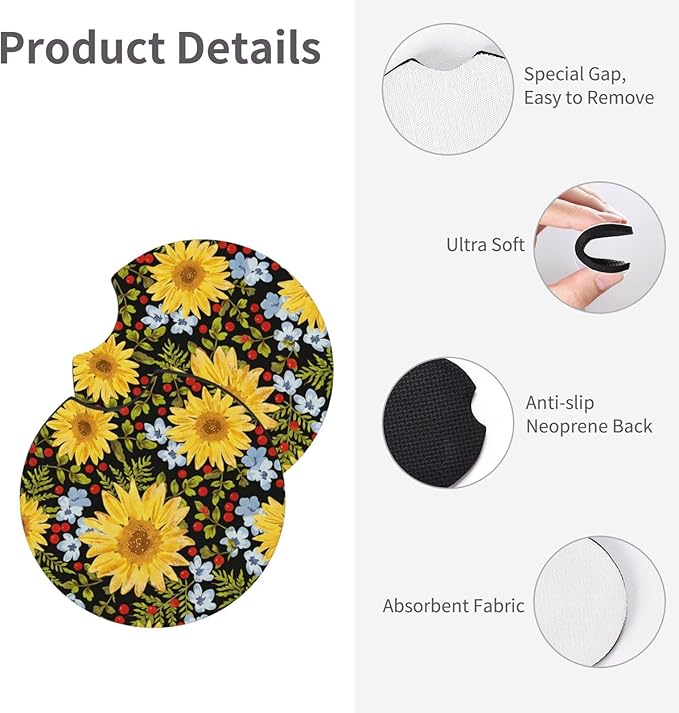 Yellow Sunflower Steering Wheel Cover - Sunflower Steering Wheel Cover Anti-Slip Car with 2 Pieces Car Coasters Suitable for Men Women