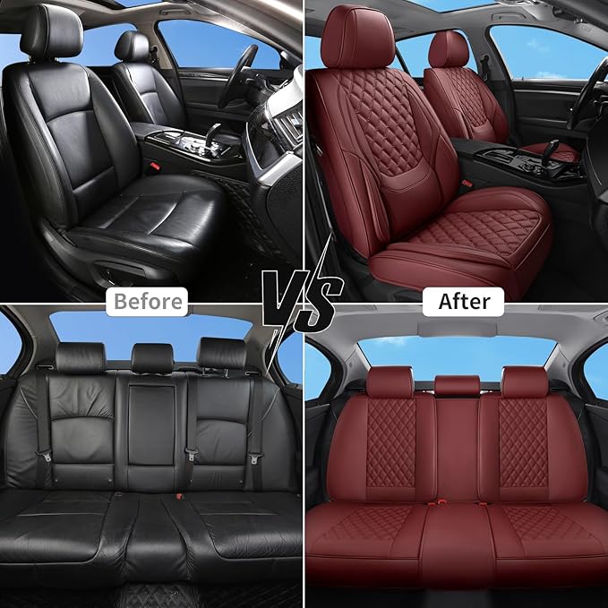 Car Seat Covers Front Seats Burgundy, Luxury Faux Leather Women Waterproof Non-Slip Seat Protector Universal Fit for Most Cars SUVs Trucks Pick-ups Car Accessories Interio(Wine Red-Front Seats)