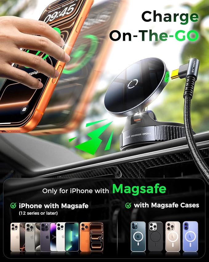 MRGLAS 2026 Upgraded for iPhone MagSafe Car Mount Charger,15W Fast Charging Wireless Car Charger with Stronger Magnetic & Suction, Hands-Free Phone Holder for iPhone 17/16/15/14/13/12 Pro Max