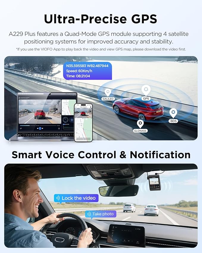 VIOFO A229 Plus 3 Channel Dash Cam, Dual STARVIS 2 Sensors, 3-Channel HDR, 1440P+1440P+1080P Front Inside and Rear Car Camera, 5GHz Wi-Fi, Voice Control, Ultra-Precise GPS, 24 Hours Parking Mode