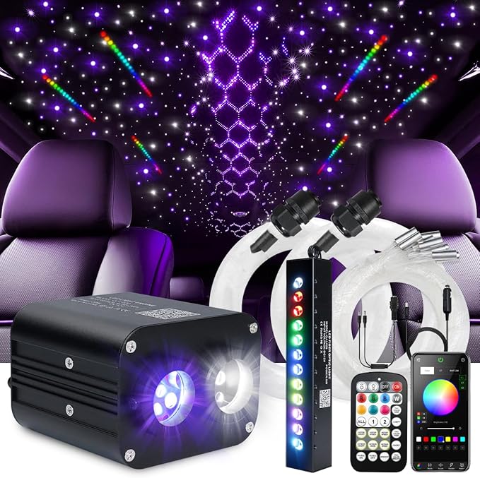 Starlight Headliner Kit,Twinkle + Music Sync Dual Color Fiber Optic Star Ceiling Lights with APP Remote Control, RGBW Shooting Star Lights for Car/Home Ceiling Decor, 1000pcs 9.8ft