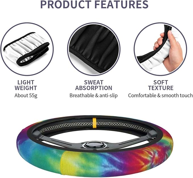 Colorful Tie Dye Universal 15 Inch Steering Wheel Covers Non Slip Neoprene Car Wrap Cover for Adults