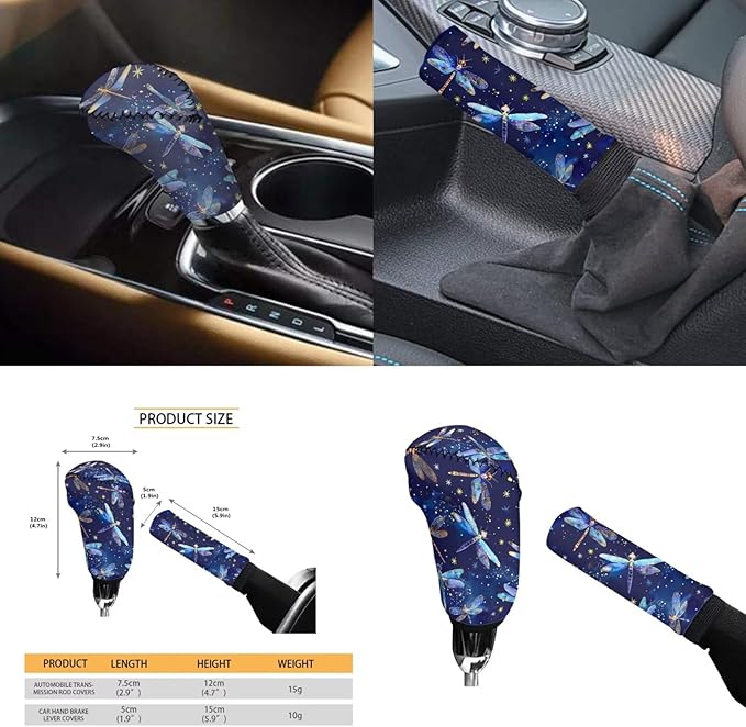 Blue Dragonfly Print 6pcs Car Steering Wheel Cover Set for Men Women Auto Interior Accessories Cup Holder Armrest Pad Seatbelt Cushion Fit for SUV Truck Vans