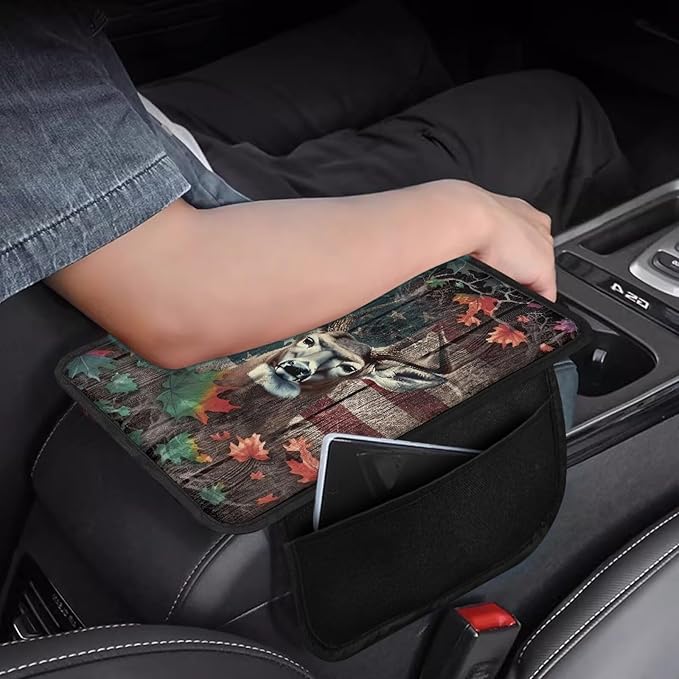 Deer Flag Leaf Print Car Center Console Cover Soft Armrest Seat Box Cover Protector Wear-Resistan Vehicle Armrest Cover Pad Car Armrest Cover Cushion with 2 Storage Bags