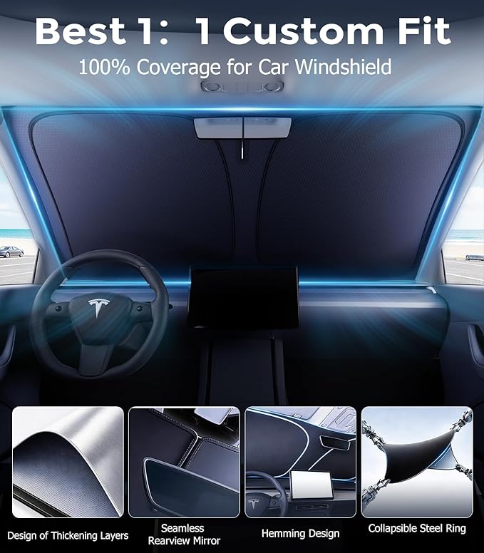 DMJN Windshield Sun Shade for Tesla New Model Y, Y & 3 (2017-2026), Car Sunshade for Front Windshield [100% Efficient Block UV & Scorching Sun] UPF50+ Heat Block - Protect Interior & Keep Cooler